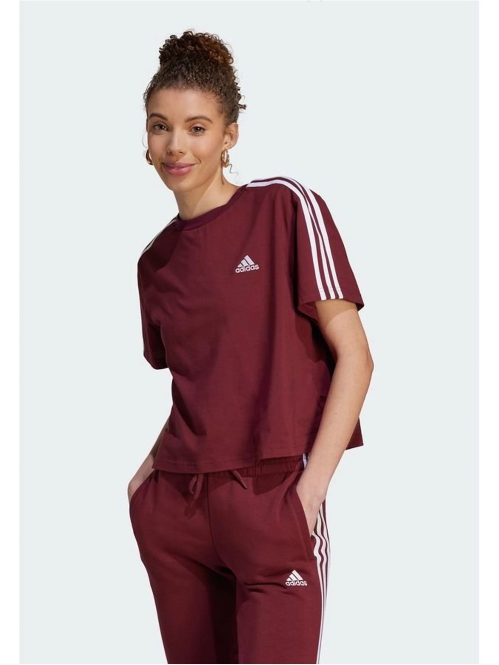 Adidas Essentials 3-Stripes Crop Jersey in Burgundy